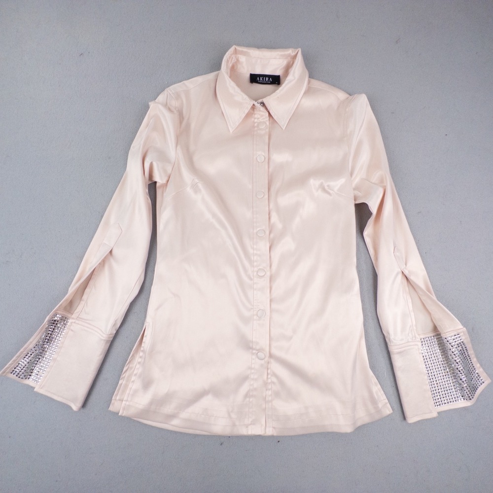 Akira Pink Satin Rhinestone Cuff Button Down Blouse Medium Womens Party Top